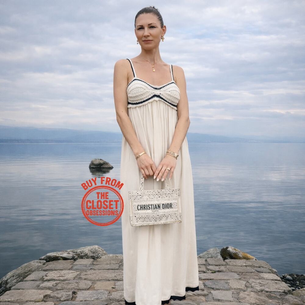 Zara Cream Ecru Maxi Dress Contrast Trim Flowy Boho Resort Vacation Size M NWT - Picture 8 of 16